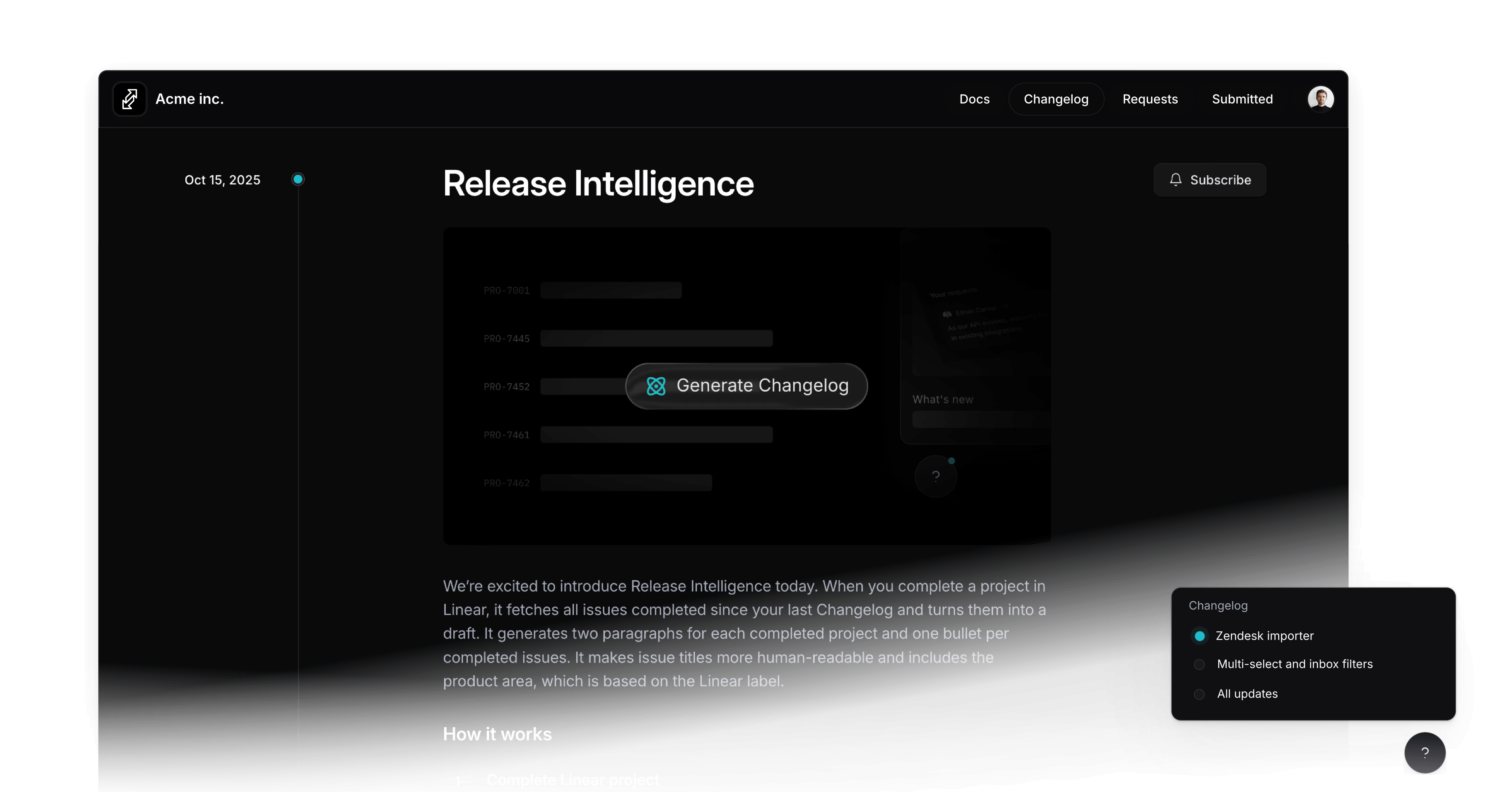 Productlane Changelog showing a published update with embedded widget