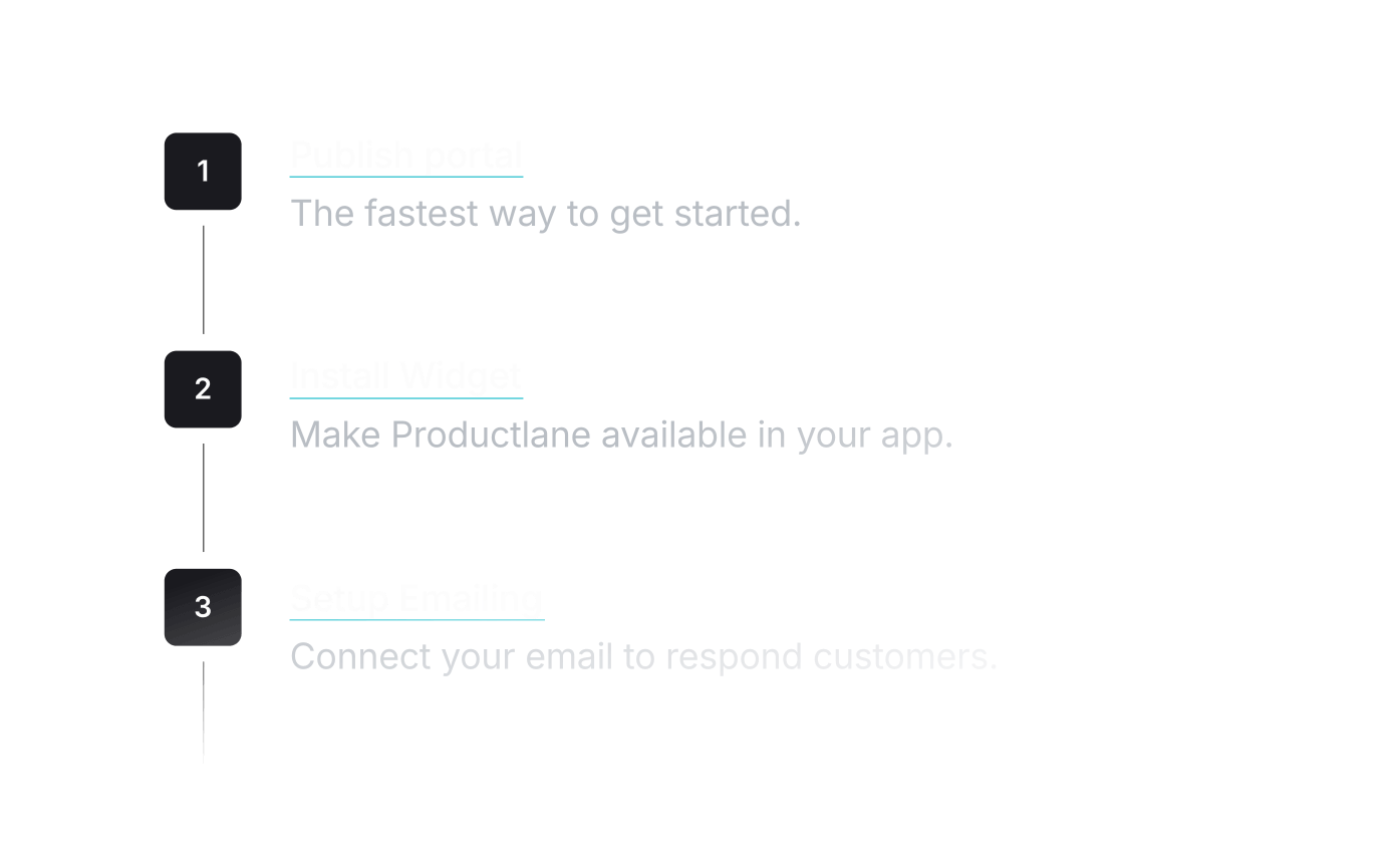 Numbered steps showing Publish portal, Install Widget, and Setup Emailing