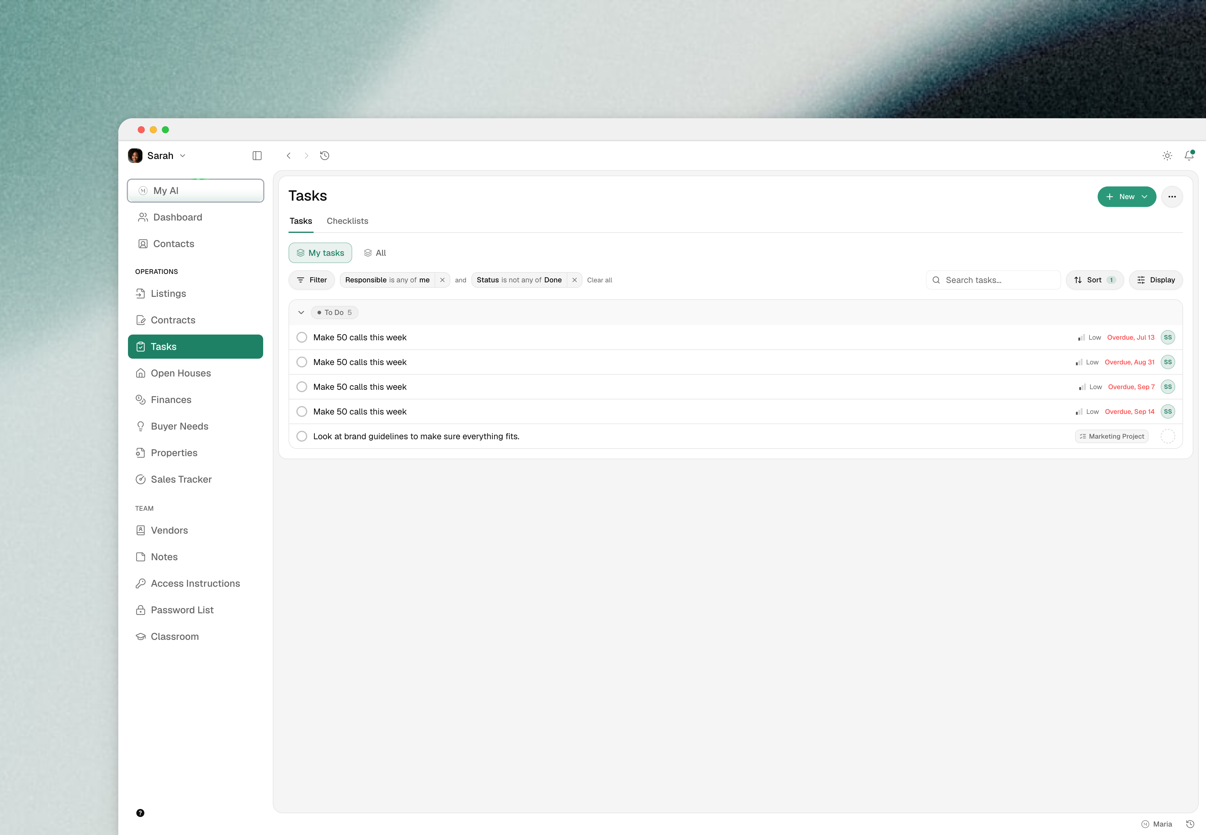 Tasks list filtered to my tasks, showing overdue to-do items