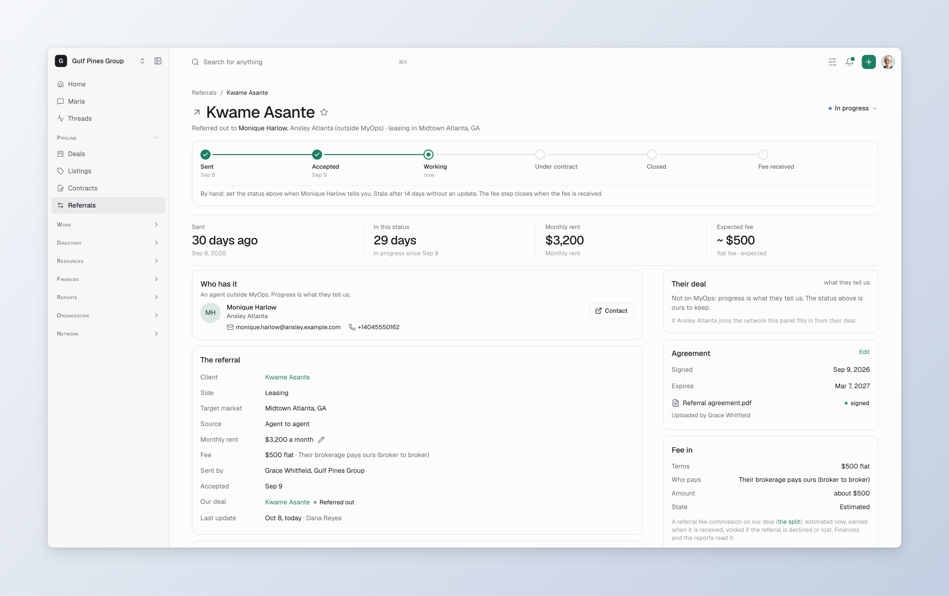 A referral's detail and the money on both sides